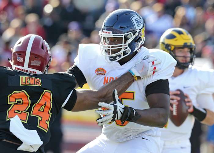 Jan 25, 2020; Mobile, AL, USA; North offensive tackle Matt Peart of Connecticut (65) in the first half of the 2020 Senior Bowl college football game at Ladd-Peebles Stadium. Mandatory Credit: Chuck Cook-USA TODAY Sports